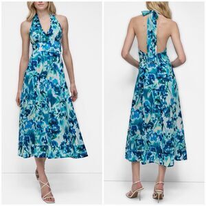 DKNY Women's Cotton Floral Halter V-Neck Tie-Back Midi Dress Blue 2